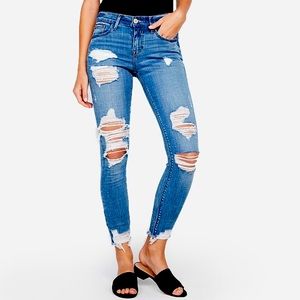 Express Mid Rise Medium Wash Ripped Ankle Leggings